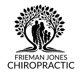 Chiropractic Clinic Logo Showing Three Human Figures Surrounded By A Leafy Tree Design And Spine Graphic